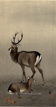 鹿と横たわる雌鹿 大原古邨新版画 Oil Paintings